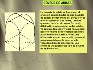 BÓVEDA DE ARISTA

La bóveda de arista se forma con el
cruce en perpendicular de dos bóvedas
de cañón; se denomina así porque en el
interior aparecen dos líneas, "aristas"
que se cruzan en el centro. Su punto
débil está, precisamente, en las aristas
ya que pueden ceder y caer hacia abajo;
posteriormente se reforzaron con unos
arcos interiores y así se formó una
bóveda de arista con crucería, que es el
paso inmediatamente anterior a la
verdadera bóveda de crucería. Los
romanos utilizaban este tipo de bóveda
de su invención.
 