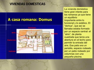 VIVIENDAS DOMÉSTICAS
                                     La vivienda doméstica
                                     tiene gran interés para
                                     los romanos ya que tiene
                                     un equilibrio
A casa romana: Domus                 Importante entre lo
                                     funcional y lo estético. El
                                     “domus”, que así se
            Triclinium
                                     llamaba estaba formado
    Atrio
                                     por un espacio central: el
                         Peristilo
                                     “atrio”, de planta
                                     cuadrada que tenía una
Impluvium                            abertura en el techo para
                                     permitir la entrada del
                                     aire. Ese patio era un
                                     peristilo, espacio rodeado
 Cubicula                            por un patio rodeado por
                                     columnas con una
                                     pequeña piscina.
 