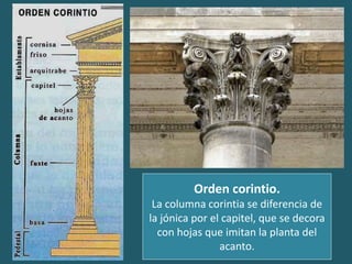 Orden corintio.
La columna corintia se diferencia de
la jónica por el capitel, que se decora
con hojas que imitan la planta del
acanto.
 