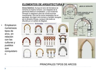 • Emplearon
numerosos
tipos de
arco, en
relación
con las
culturas y
pueblos
que
conquistaro
n
PRINCIPALES TIPOS DE ARCOS
 