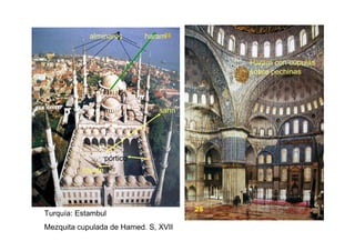 alminares        haram


                                       Haram con cúpulas
                                       sobre pechinas




                                sahn




                   pórtico
          fuente




Turquía: Estambul
Mezquita cupulada de Hamed. S, XVII
 