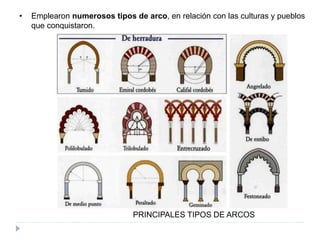 • Emplearon numerosos tipos de arco, en relación con las culturas y pueblos
que conquistaron.
PRINCIPALES TIPOS DE ARCOS
 