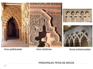 PRINCIPALES TIPOS DE ARCOS
Arco polilobulado Arco mixtilíneo Arcos entrecruzados
 