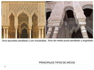 PRINCIPALES TIPOS DE ARCOS
Arco apuntado peraltado y con mocárabes Arco de medio punto peraltado y angrelado
 
