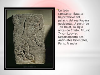* Un león
 rampante. Basalto
 bajorrelieve del
 palacio del rey Kapara
 occidental. A partir de
 Tell Halaf, IX siglo
 antes de Cristo. Altura:
 74 cm Louvre,
 Departamento des
 Antiquités Orientales,
 Paris, Francia
 