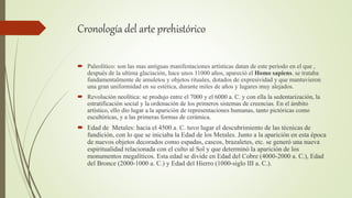Cronología del arte prehistórico
 Paleolítico: son las mas antiguas manifestaciones artísticas datan de este periodo en el que ,
después de la ultima glaciación, hace unos 11000 años, apareció el Homo sapiens. se trataba
fundamentalmente de amuletos y objetos rituales, dotados de expresividad y que mantuvieron
una gran uniformidad en su estética, durante miles de años y lugares muy alejados.
 Revolución neolítica: se produjo entre el 7000 y el 6000 a. C. y con ella la sedentarización, la
estratificación social y la ordenación de los primeros sistemas de creencias. En el ámbito
artístico, ello dio lugar a la aparición de representaciones humanas, tanto pictóricas como
escultóricas, y a las primeras formas de cerámica.
 Edad de Metales: hacia el 4500 a. C. tuvo lugar el descubrimiento de las técnicas de
fundición, con lo que se iniciaba la Edad de los Metales. Junto a la aparición en esta época
de nuevos objetos decorados como espadas, cascos, brazaletes, etc. se generó una nueva
espiritualidad relacionada con el culto al Sol y que determinó la aparición de los
monumentos megalíticos. Esta edad se divide en Edad del Cobre (4000-2000 a. C.), Edad
del Bronce (2000-1000 a. C.) y Edad del Hierro (1000-siglo III a. C.).
 