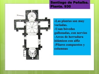 Santiago de Peñalba.
Planta. 930
-Las plantas son muy
variadas.
-Usan bóvedas
gallonadas, con nervios
-Arcos de herradura
islámicos con alfiz
-Pilares compuestos y
columnas
 