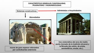 CARACTERÍSTICAS GENERALES: FUNCIONALIDAD,
PRAGMATISMO Y MONUMENTALIDAD.
Sistemas constructivos Adintelados o Arquitrabados
Uso sistemático del arco de medio
punto (tomado de la tradición etrusca) y
la Bóveda (de cañón, de arista,
semiesférica, anular, etc.).
Abovedados
muros de gran espesor reforzados
por contrafuertes exteriores
 