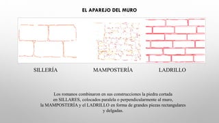 EL APAREJO DEL MURO
SILLERÍA MAMPOSTERÍA LADRILLO
Los romanos combinaron en sus construcciones la piedra cortada
en SILLARES, colocados paralela o perpendicularmente al muro,
la MAMPOSTERÍA y el LADRILLO en forma de grandes piezas rectangulares
y delgadas.
 