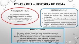 ETAPAS DE LA HISTORIA DE ROMA
MONARQUIA 750-510 a.C.
Un conjunto de aldeas latinas es
transformada en ciudad por los etruscos.
En el 509 a.C. los romanos expulsan a los
etruscos y convierten la monarquía en
república.
REPÚBLICA 509-27 a.C.
✓ Roma inicia su expansión por la península para luego
extender sus fronteras por amplias zonas del
Mediterráneo.
✓ El Senado y las Asambleas de ciudadanos dirigen el
gobierno romano.
✓ Los plebeyos ganan terreno logrando derechos civiles,
políticos y económicos, aún así la conducción del
estado está en manos de unos pocos.
IMPERIO 27 a.C.-476 d.C.
Con Augusto se instala el Imperio: el poder se concentra en sus manos.
En el siglo II d.C., con Trajano, el Imperio llega a su máxima extensión.
A finales del siglo III el Imperio se divide en 2: el Imperio Romano de Occidente
con capital en Roma, y el de Oriente con capital en Bizancio.
En el siglo V d.C. se desintegra el Imperio de Occidente, mientras el de
Oriente sobrevive 1000 años más con el nombre de Imperio Bizantino.
 
