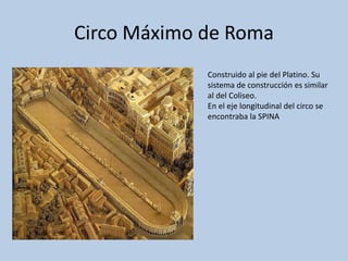 Circo Máximo de Roma 
Construido al pie del Platino. Su 
sistema de construcción es similar 
al del Coliseo. 
En el eje longitudinal del circo se 
encontraba la SPINA 
 