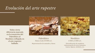 Evolución del arte rupestre
Neolítico
6 000 a 3 000 a.C.
Paleolítico
Hasta el año 10 000 a.C.
Representación de animales y...