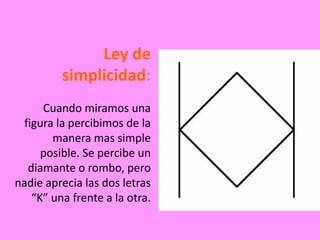 Ley de
          simplicidad:
      Cuando miramos una
  figura la percibimos de la
        manera mas simple
      posible. Se percibe un
   diamante o rombo, pero
nadie aprecia las dos letras
    “K” una frente a la otra.
 
