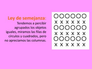 Ley de semejanza:
         Tendemos a percibir
       agrupados los objetos
 iguales, miramos las filas de
   círculos y cuadrados, pero
no apreciamos las columnas.
 