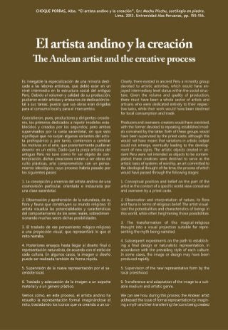 ARTE INCA - EL ARTISTA ANDINO Y LA CREACIÓN / THE ANDEAN ARTIST AND THE CREATIVE PROCESS - ALBA CHOQUE PORRAS- En: Machu Picchu Sortilegio en Piedra
