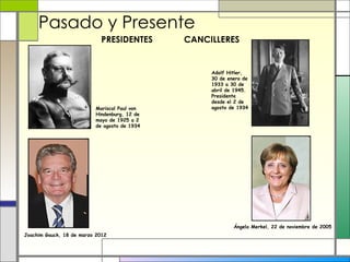 Pasado y Presente
                             PRESIDENTES      CANCILLERES


                                                   Adolf Hitler,
                                                   30 de enero de
                                                   1933 a 30 de
                                                   abril de 1945.
                                                   Presidente
                                                   desde el 2 de
                          Mariscal Paul von        agosto de 1934
                          Hindenburg, 12 de
                          mayo de 1925 a 2
                          de agosto de 1934




                                                           Ángela Merkel, 22 de noviembre de 2005
Joachim Gauck, 18 de marzo 2012
 