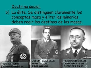 Doctrina social.
 b) La élite. Se distinguen claramente los
    conceptos masa y élite: las minorías
    deben regir los destinos de las masas.




                 JOSEPH GOEBBELS,   HEINRICH HIMMLER,
ERNST RÖHM,      MINISTRO DE        COMANDANTE EN
COMANDANTE SA.   PROPAGANDA         EJEFE DE LAS SS
 