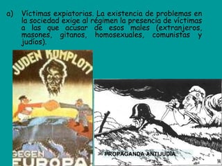 a)   Víctimas expiatorias. La existencia de problemas en
     la sociedad exige al régimen la presencia de víctimas
     a las que acusar de esos males (extranjeros,
     masones, gitanos, homosexuales, comunistas y
     judíos).




                             PROPAGANDA ANTIJUDÍA
 
