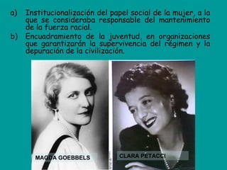 a)   Institucionalización del papel social de la mujer, a la
     que se consideraba responsable del mantenimiento
     de la fuerza racial.
b)   Encuadramiento de la juventud, en organizaciones
     que garantizarán la supervivencia del régimen y la
     depuración de la civilización.




       MAGDA GOEBBELS           CLARA PETACCI
 