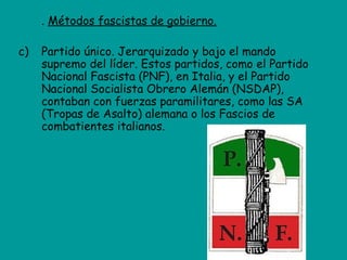 . Métodos fascistas de gobierno.

c)   Partido único. Jerarquizado y bajo el mando
     supremo del líder. Estos partidos, como el Partido
     Nacional Fascista (PNF), en Italia, y el Partido
     Nacional Socialista Obrero Alemán (NSDAP),
     contaban con fuerzas paramilitares, como las SA
     (Tropas de Asalto) alemana o los Fascios de
     combatientes italianos.
 