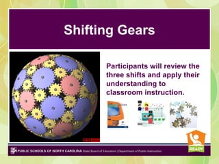 Shifting Gears

      Participants will review the
      three shifts and apply their
      understanding to
      classroom instruction.
 