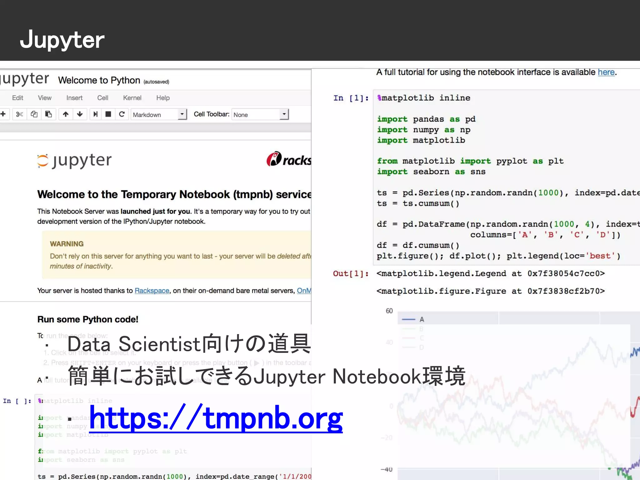 Jupyter
• Data Scientist向けの道具
• 簡単にお試しできるJupyter Notebook環境
• https://tmpnb.org
 