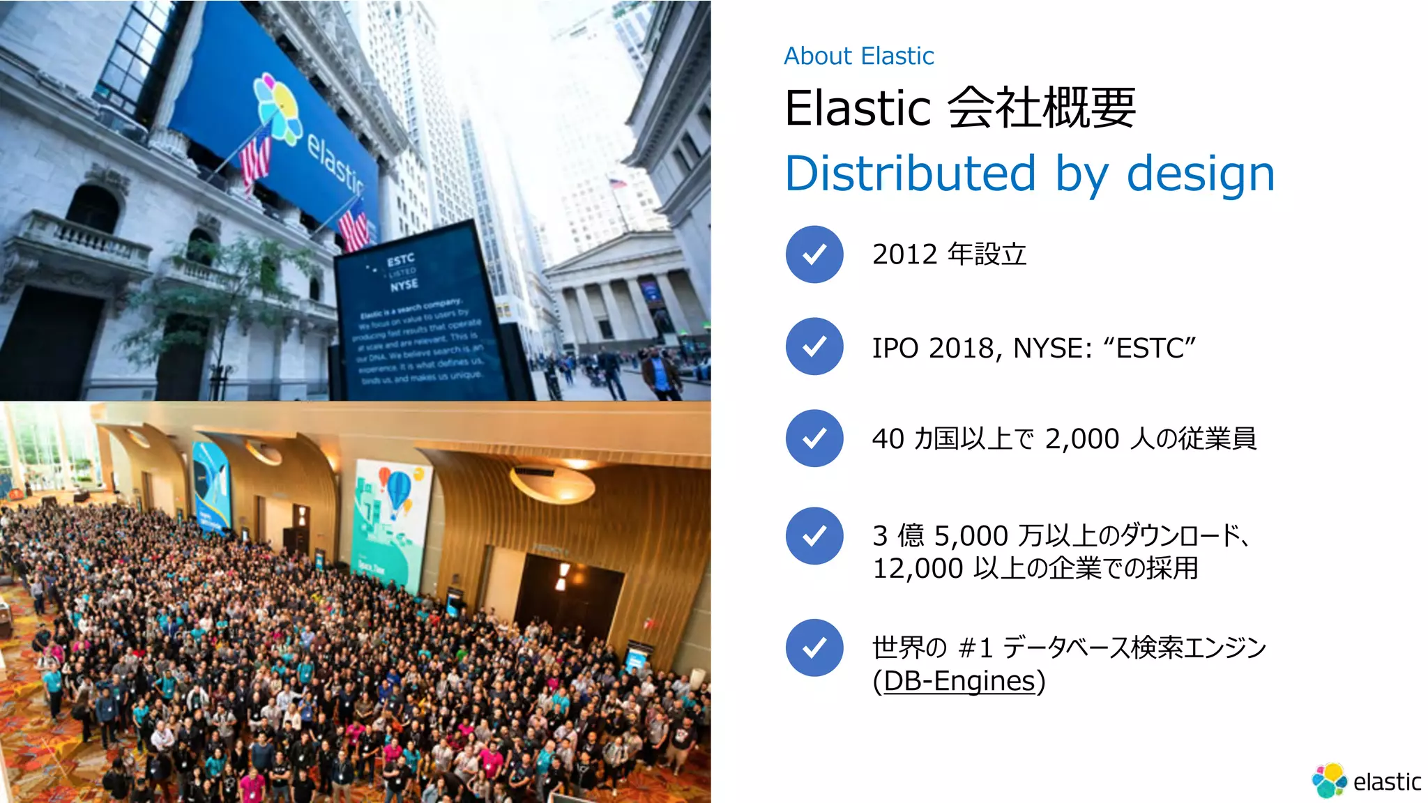 3 億 5,000 万以上のダウンロード、
12,000 以上の企業での採⽤
40 カ国以上で 2,000 ⼈の従業員
IPO 2018, NYSE: “ESTC”
2012 年設⽴
Elastic 会社概要
Distributed by design
About Elastic
世界の #1 データベース検索エンジン
(DB-Engines)
 