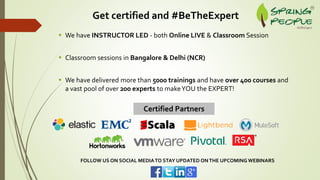 Get certified and #BeTheExpert
FOLLOW US ON SOCIAL MEDIATO STAY UPDATED ONTHE UPCOMING WEBINARS
 We have INSTRUCTOR LED - both Online LIVE & Classroom Session
 Classroom sessions in Bangalore & Delhi (NCR)
 We have delivered more than 5000 trainings and have over 400 courses and
a vast pool of over 200 experts to makeYOU the EXPERT!
Certified Partners
 