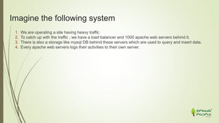 Imagine the following system
1. We are operating a site having heavy traffic
2. To catch up with the traffic , we have a load balancer and 1000 apache web servers behind it.
3. There is also a storage like mysql DB behind these servers which are used to query and insert data.
4. Every apache web servers logs their activities to their own server.
 