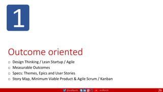 @arafkarsh arafkarsh
1
Outcome oriented
o Design Thinking / Lean Startup / Agile
o Measurable Outcomes
o Specs: Themes, Epics and User Stories
o Story Map, Minimum Viable Product & Agile Scrum / Kanban
26
 