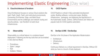 @arafkarsh arafkarsh
Implementing Elastic Engineering (Day wise)
80
10. DevOps & SRE / DevSecOps
DevOps is the 3rd phase of the Application Modernization
• Architecture
• Infrastructure
• Delivery
Continuous Delivery is a critical requirement in DevOps. Without CD
what you have is a bunch of tools deployed.
10. Observability
Observability is a critical feature in a container-based
deployment. Following are the key tools that can be enabled
in Istio (Service Mesh).
• Prometheus
• Zipkin / Jaeger
• Kiali
• Grafana / Kibana
10. CI/CD Pipeline
CI/CD Pipeline is critical in fully automated development
cycles. Building software, running test cases, Building
infrastructure, packaging, and deploying the App/Service in
the Kubernetes cluster. Jenkins, GitHub Actions and Tekton are
popular tools for CI/CD pipeline automation
9. Cloud Architecture & Terraform
Cloud Architecture focuses on various Cloud solutions like
IaaS, PaaS, SaaS, FaaS, and multi-cloud environments.
Connecting On-Premise, Edge, and Multi-Cloud
Environments and the challenges and network routing and
security policies. Use Terraform to build cloud
infrastructures.
 