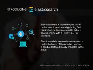 TRANSFORMING YOUR APPLICATION WITH ELASTIC SEARCH
INTRODUCING
Elasticsearch is a search engine based
on Lucene. It provide...
