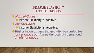 INCOME ELASTICITY
- TYPES OF GOODS -
Normal Goods
Income Elasticity is positive.
Inferior Goods
Income Elasticity is negative.
Higher income raises the quantity demanded for
normal goods but lowers the quantity demanded
for inferior goods.
 