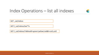 Index Operations – list all indexes
GET _cat/indices
GET /_cat/indices/twi*?v
GET /_cat/indices/?v&health=green|yellow|red&h=col1,col2
CURRENT VERSION 7.6
 