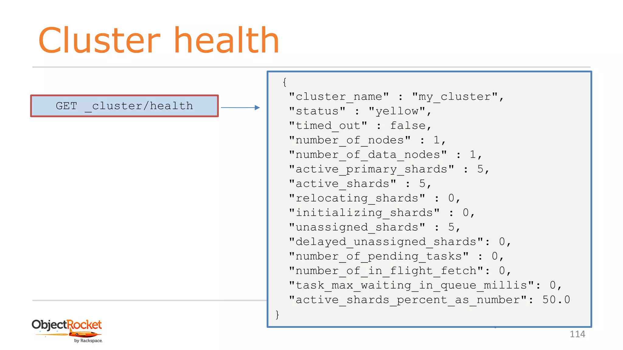 Cluster health
www.objectrocket.com
114
{
"cluster_name" : "my_cluster",
"status" : "yellow",
"timed_out" : false,
"number_of_nodes" : 1,
"number_of_data_nodes" : 1,
"active_primary_shards" : 5,
"active_shards" : 5,
"relocating_shards" : 0,
"initializing_shards" : 0,
"unassigned_shards" : 5,
"delayed_unassigned_shards": 0,
"number_of_pending_tasks" : 0,
"number_of_in_flight_fetch": 0,
"task_max_waiting_in_queue_millis": 0,
"active_shards_percent_as_number": 50.0
}
GET _cluster/health
 