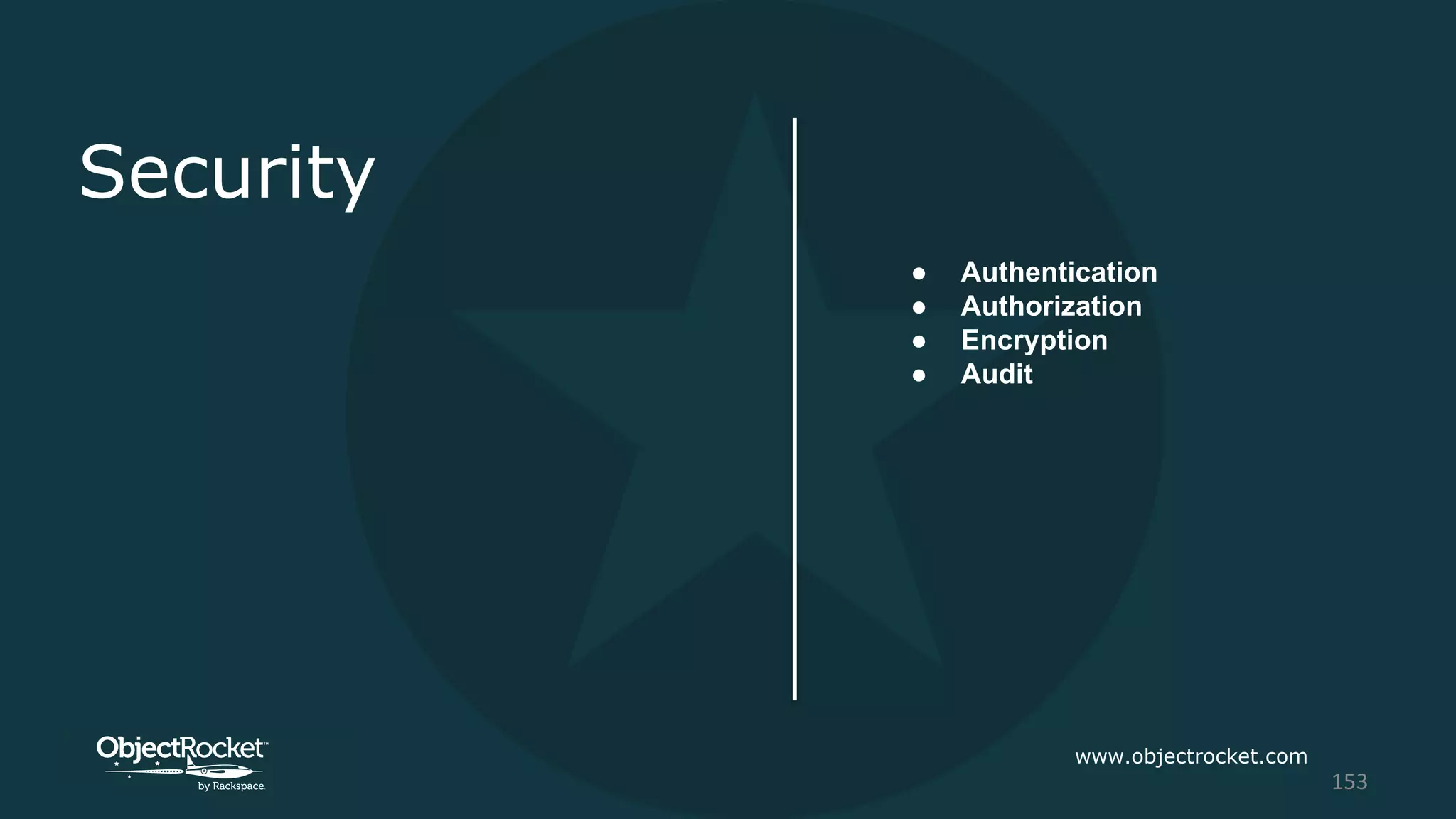 Security
● Authentication
● Authorization
● Encryption
● Audit
www.objectrocket.com
153
 