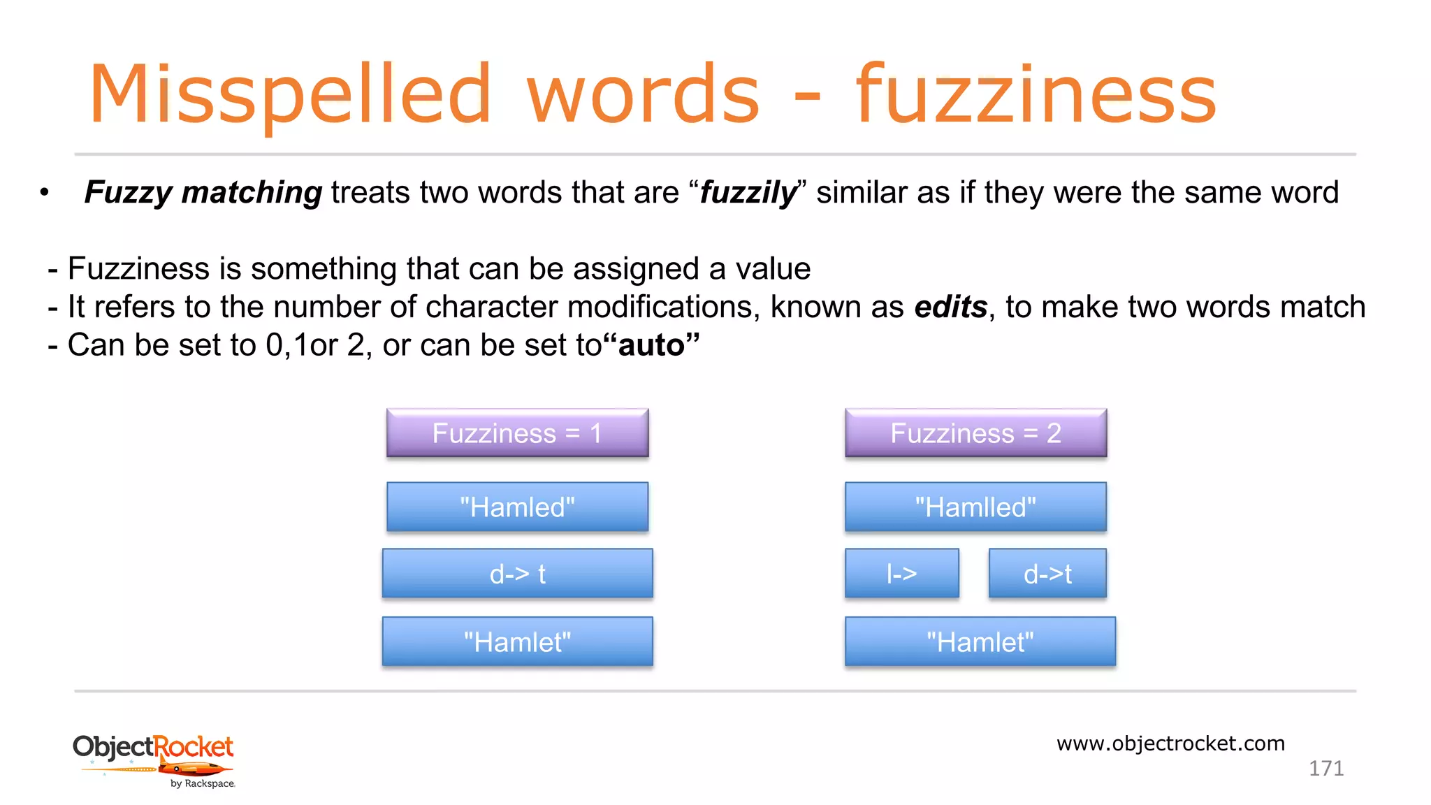 Misspelled words - fuzziness
www.objectrocket.com
171
• Fuzzy matching treats two words that are “fuzzily” similar as if they were the same word
- Fuzziness is something that can be assigned a value
- It refers to the number of character modifications, known as edits, to make two words match
- Can be set to 0,1or 2, or can be set to“auto”
Fuzziness = 1 Fuzziness = 2
"Hamled" "Hamlled"
d-> t l-> d->t
"Hamlet" "Hamlet"
 