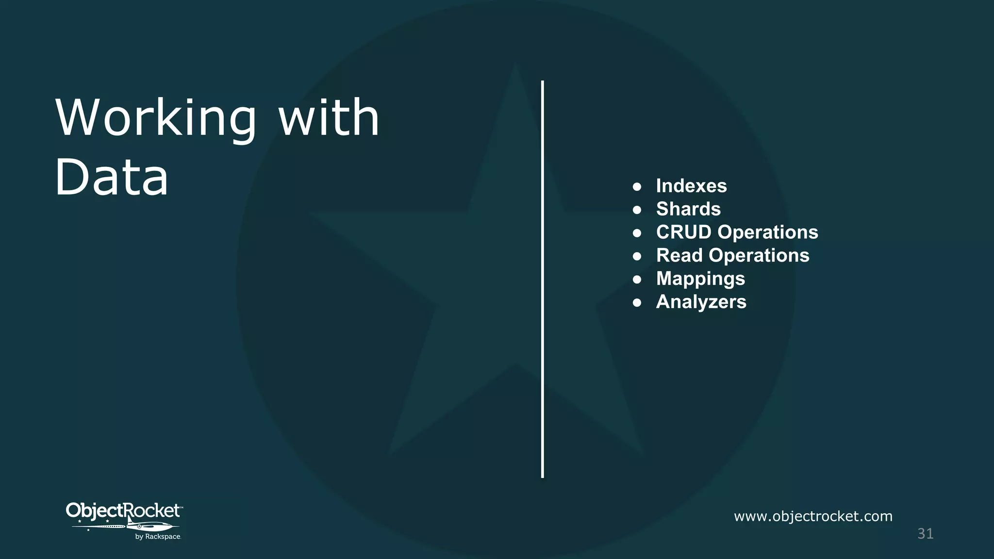Working with
Data ● Indexes
● Shards
● CRUD Operations
● Read Operations
● Mappings
● Analyzers
www.objectrocket.com
31
 