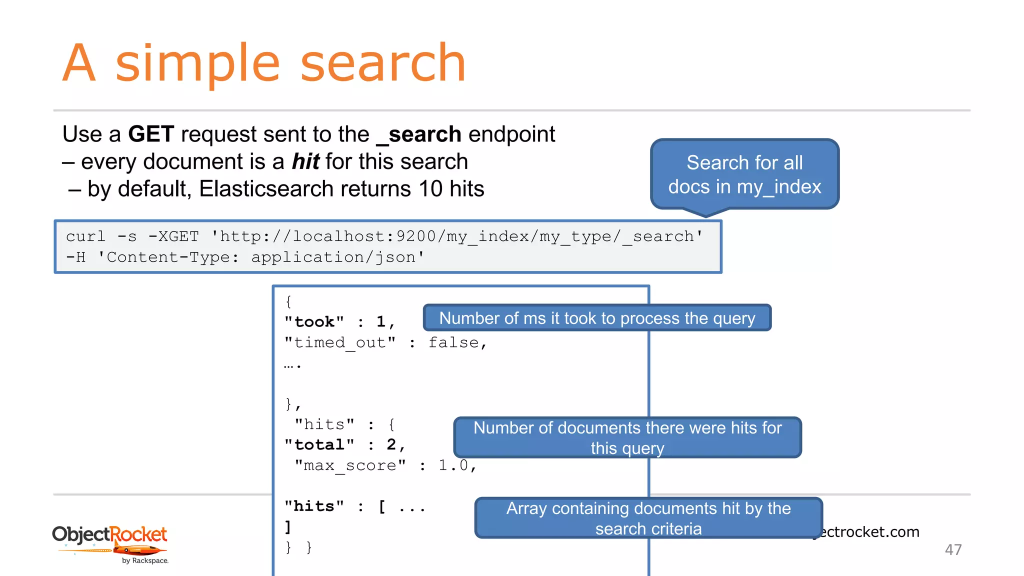 A simple search
www.objectrocket.com
47
Use a GET request sent to the _search endpoint
‒ every document is a hit for this search
‒ by default, Elasticsearch returns 10 hits
curl -s -XGET 'http://localhost:9200/my_index/my_type/_search'
-H 'Content-Type: application/json'
{
"took" : 1,
"timed_out" : false,
….
},
"hits" : {
"total" : 2,
"max_score" : 1.0,
"hits" : [ ...
]
} }
Search for all
docs in my_index
Number of ms it took to process the query
Number of documents there were hits for
this query
Array containing documents hit by the
search criteria
 