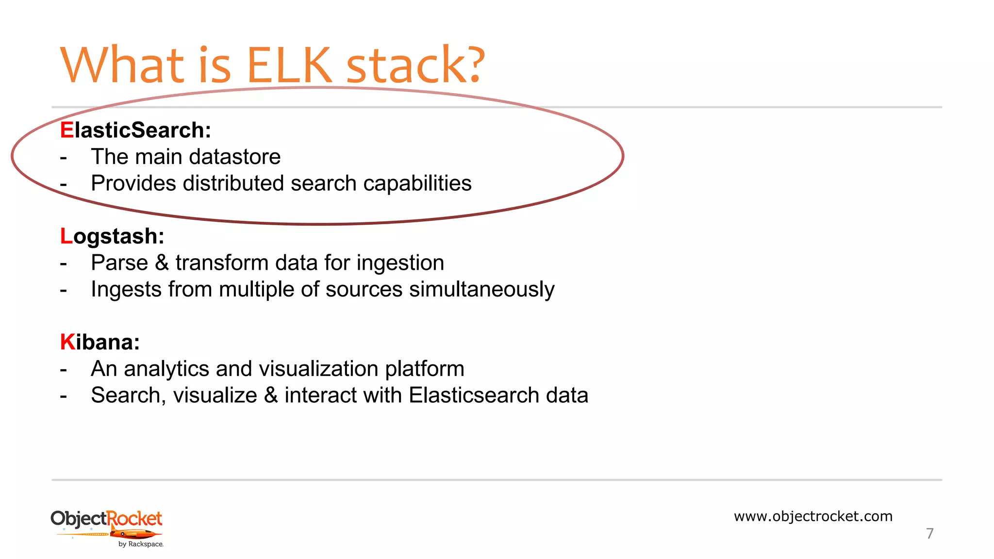 What is ELK stack?
www.objectrocket.com
7
ElasticSearch:
- The main datastore
- Provides distributed search capabilities
Logstash:
- Parse & transform data for ingestion
- Ingests from multiple of sources simultaneously
Kibana:
- An analytics and visualization platform
- Search, visualize & interact with Elasticsearch data
 