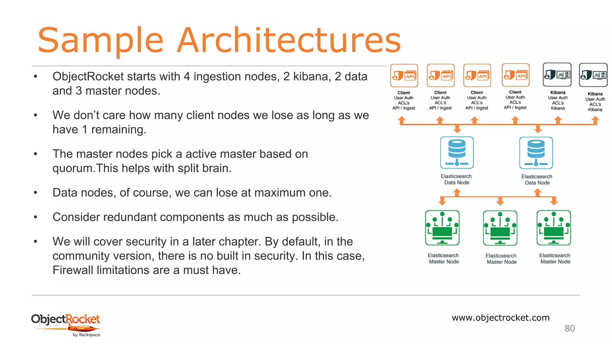 Sample Architectures
www.objectrocket.com
80
• ObjectRocket starts with 4 ingestion nodes, 2 kibana, 2 data
and 3 master nodes.
• We don’t care how many client nodes we lose as long as we
have 1 remaining.
• The master nodes pick a active master based on
quorum.This helps with split brain.
• Data nodes, of course, we can lose at maximum one.
• Consider redundant components as much as possible.
• We will cover security in a later chapter. By default, in the
community version, there is no built in security. In this case,
Firewall limitations are a must have.
 