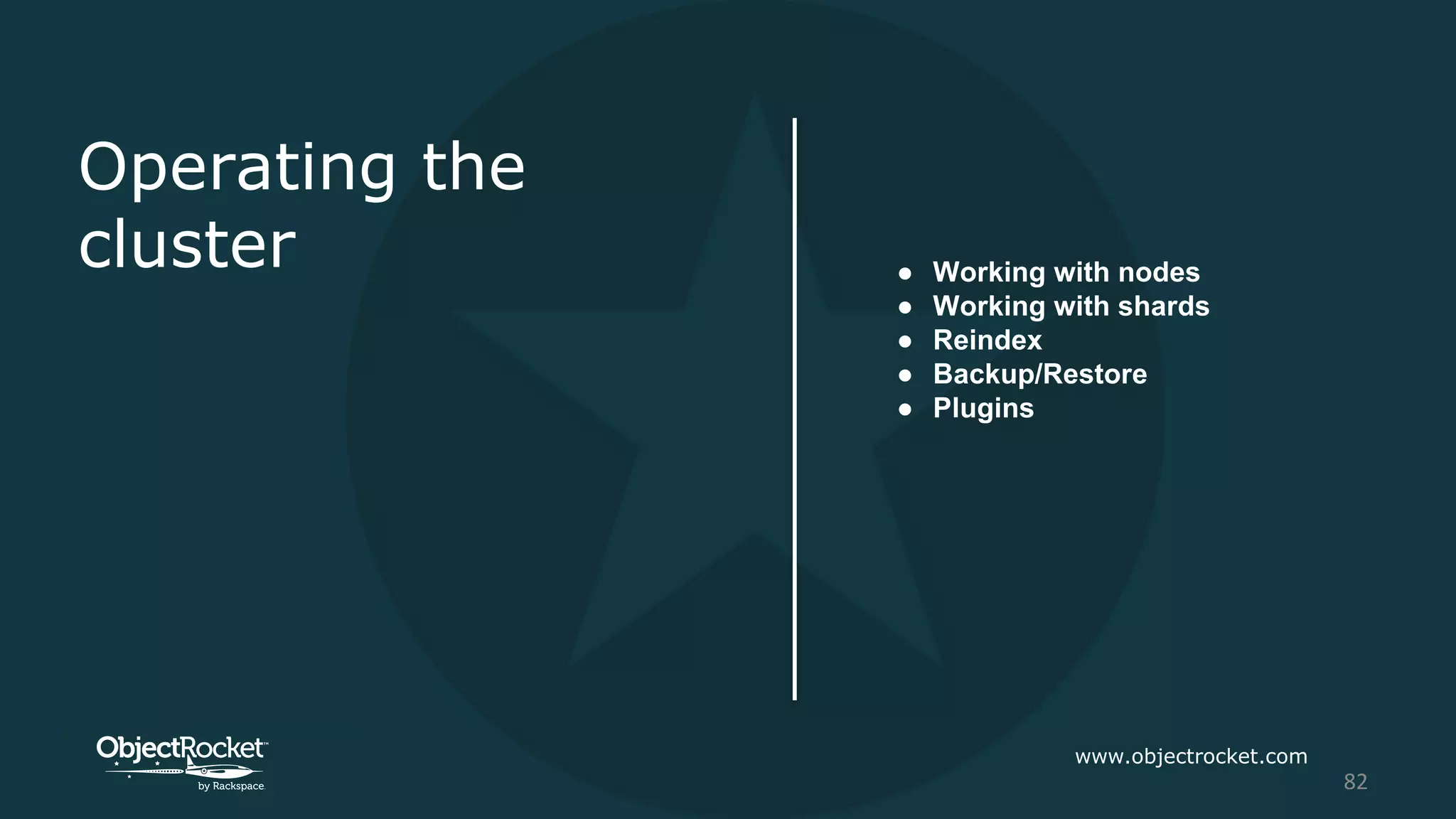 Operating the
cluster ● Working with nodes
● Working with shards
● Reindex
● Backup/Restore
● Plugins
www.objectrocket.com
82
 