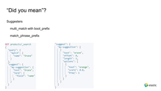 “Did you mean”?
Suggesters
multi_match with bool_prefix
match_phrase_prefix
 