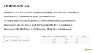 Elasticsearch SQL
Elasticsearch SQL aims to provide a powerful yet lightweight SQL interface to Elasticsearch
Elasticsearch SQL is built from the ground up for Elasticsearch
No need for additional hardware, processes, runtimes or libraries to query Elasticsearch
Elasticsearch’s SQL jdbc driver is a rich, fully featured JDBC driver for Elasticsearch
Elasticsearch SQL ODBC Driver is a 3.80 compliant ODBC driver for Elasticsearch
 