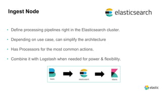 • Define processing pipelines right in the Elasticsearch cluster.
• Depending on use case, can simplify the architecture
• Has Processors for the most common actions.
• Combine it with Logstash when needed for power & flexibility.
Ingest Node
 