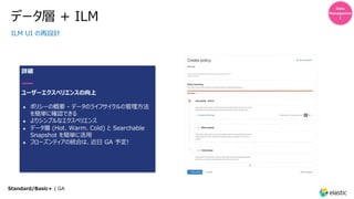 データ層 + ILM
ILM UI の再設計
詳細
ユーザーエクスペリエンスの向上
● ポリシーの概要 - データのライフサイクルの管理⽅法
を簡単に確認できる
● よりシンプルなエクスペリエンス
● データ層 (Hot、Warm、Cold) と Searchable
Snapshot を簡単に活⽤
● フローズンティアの統合は、近⽇ GA 予定!
Data
Managemen
t
Standard/Basic+ | GA
 