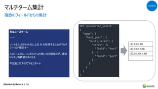 マルチターム集計
複数のフィールドからの集計
127.0.0.1:80
127.0.0.1:9211
172.16.254.1:80
...
主なユースケース
ソートまたはバケット化と上位 N を取得するためのマルチ
フィールド複合キー
スクロールなし、コンポジットより使い⽅が簡単だが、通常
はメモリ消費量が多くなる
不⾜およびスクリプトをサポート
Analytics
Standard/Basic+ | GA
 