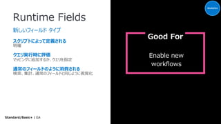 Runtime Fields
新しいフィールド タイプ
スクリプトによって定義される
明確
クエリ実⾏時に評価
マッピングに追加するか、クエリを指定
通常のフィールドのように消費される
検索、集計、通常のフィールドと同じように視覚化
Enable new
workflows
Good For
Analytics
Standard/Basic+ | GA
 