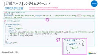[分離ベース]ランタイムフィールド
区切り⽂字で分割
Analytics
Standard/Basic+ | GA
https://github.com/elastic/elasticsearch/pull/68088
https://www.elastic.co/guide/en/elasticsearch/reference/master/runtime-examples.html#runtime-examples-dissect
 