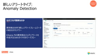 新しいアラートタイプ:
Anomaly Detection
Workflow &
Actions
なぜこれが重要なのか
異常検出を伴う新しいアラートフレームワーク
の結合されたパワー
Kibana 内の異常検出ジョブにアラートを
作成するためのガイド付きワークフロー
Platinum | Beta
 